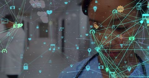 Smiling African American Doctor with Digital Network Connections