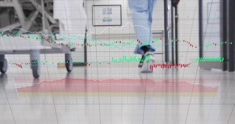 Nurse walking hospital corridor with stock market charts overlaying clinical gurney scene