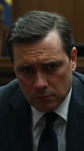 Vertical courtroom video showing attorney listening intently and shifting gaze at trial