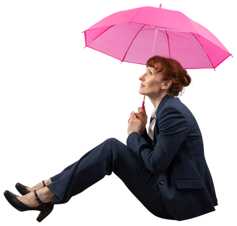 Smiling woman under pink umbrella on transparent background