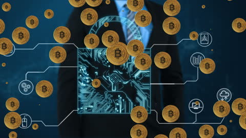 Businessman Surrounded by Bitcoin and Digital Security