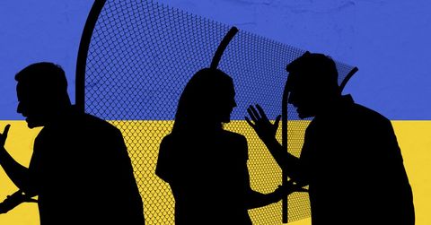 Silhouettes arguing against ukraine flag background