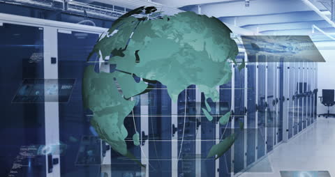 Animated Globe with Data Overlay in Modern Server Room