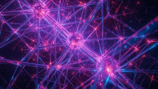 Futuristic network web linking translucent nodes with neon highlights