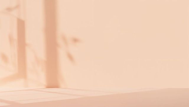 Peach Sunlit Interior Corner with Window Grid Shadows and Soft Plant Silhouettes