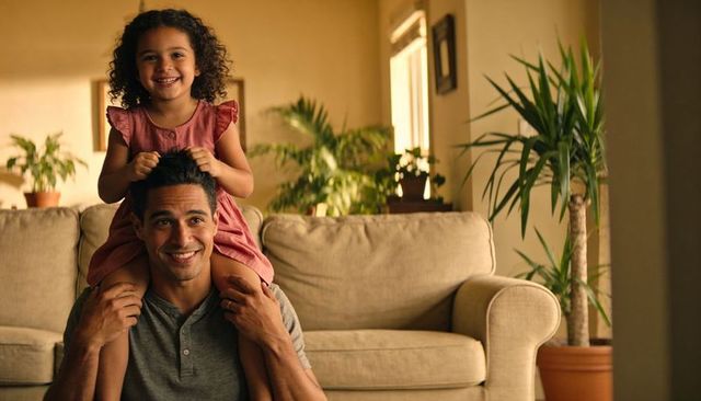 Father lifting daughter on shoulders, laughing family moment on beige sofa with indoor plants