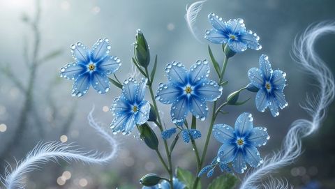 Delicate blue forget me not flowers with dewy petals and green stems