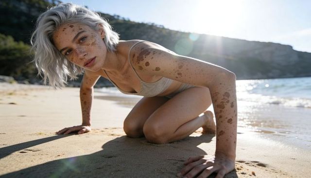 Silver-haired woman kneeling on sunlit beach in gray bikini showcasing natural skin markings