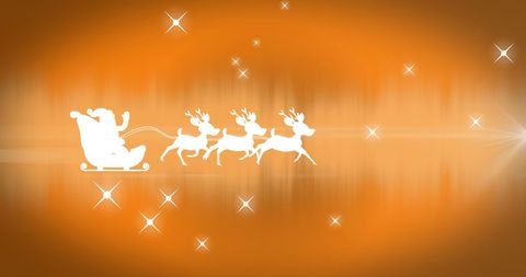 Santa sleigh and reindeer silhouette on shimmering orange background