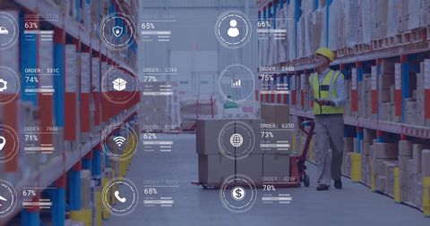 Warehouse technology with data and logistics icons in use