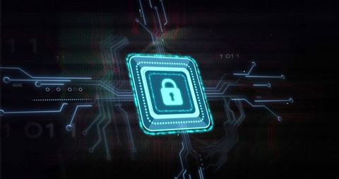 Neon microchip securing data with glowing padlock and circuit traces for cybersecurity