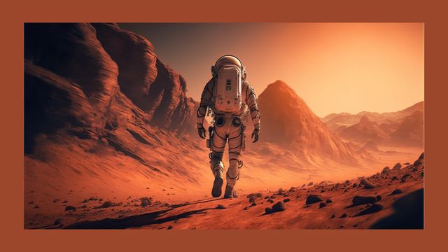 Depicts an astronaut walking on the Martian landscape during sunset. This is ideal for space travel and exploration themes, futuristic presentations, science fiction stories, and educational materials about Mars and space missions.