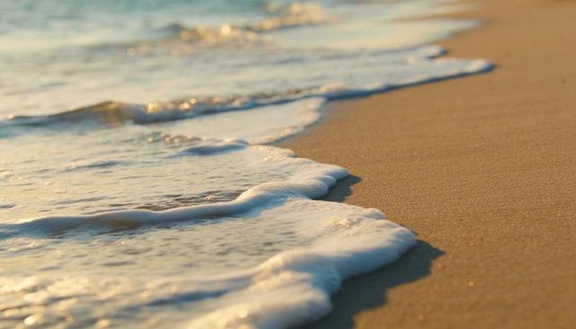 Golden sunrise foam lapping along smooth sandy shoreline tranquil minimalist seascape
