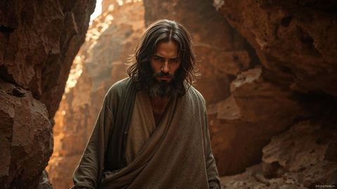 Bearded moses in robe contemplating in sunlit desert canyon