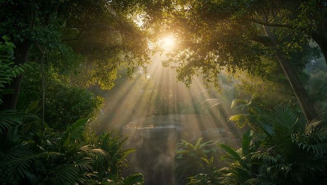 Ethereal Sunlight Streams Through Lush Tropical Rainforest