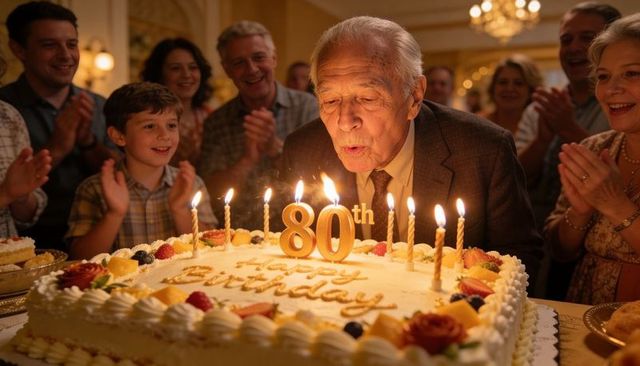 Senior man blowing out candles at 80th birthday cake surrounded by multigenerational family