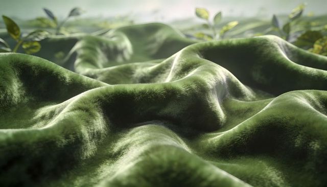 Velvet moss waves macro showing fuzzy plush texture with dew glints and verdant bokeh
