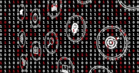 Binary code matrix with floating tech icons representing cybersecurity and data analytics