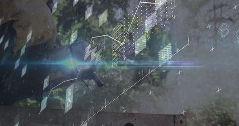 Worker operating control panel with futuristic holographic interface