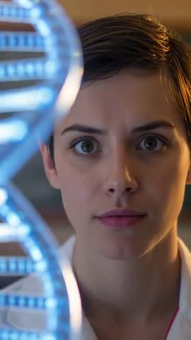 Vertical scientist video studying glowing DNA double helix under blue LED illumination