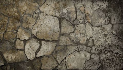 Cracked weathered plaster wall with peeling paint, concrete stains and rustic texture