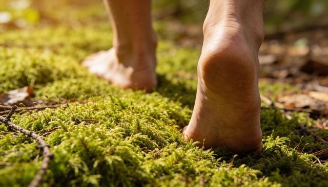 Walking barefoot across mossy forest floor with sunlit feet pressing soft green moss