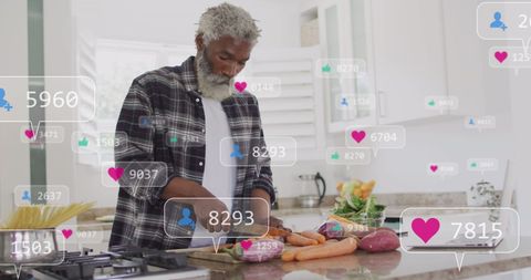 Senior Man Engaging with Social Media Notifications in Kitchen