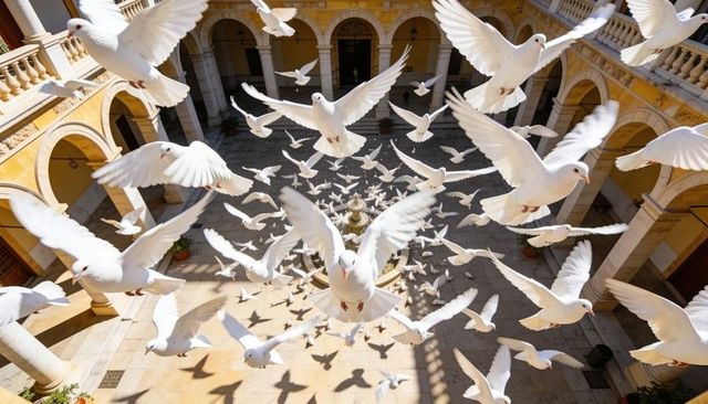 Soaring flock of white doves filling sunlit courtyard with historic colonnade and fountain