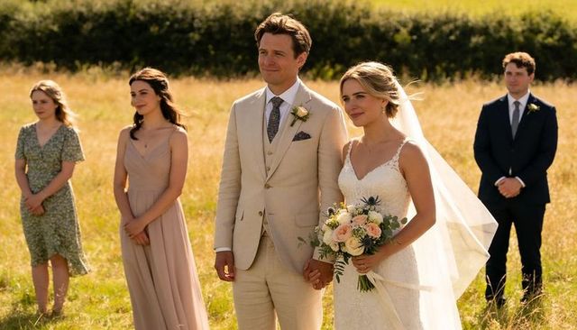 Bride and groom standing in sunlit meadow holding hands and bouquet at outdoor wedding