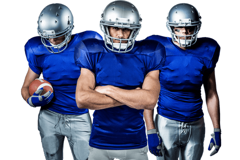 Caucasian rugby players in blue uniforms on transparent background