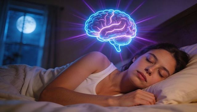 Sleeping woman dreaming with glowing neon brain hologram under moonlit bedroom scene
