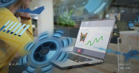 Woman Browsing NFT Marketplace on Laptop with Augmented Reality Finance Overlay and Trading HUD