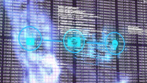 Futuristic Digital Interface with Network Visualizations and Binary Code