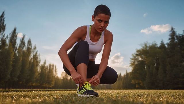 Focused female runner tying laces on dewy grass at sunrise morning workout