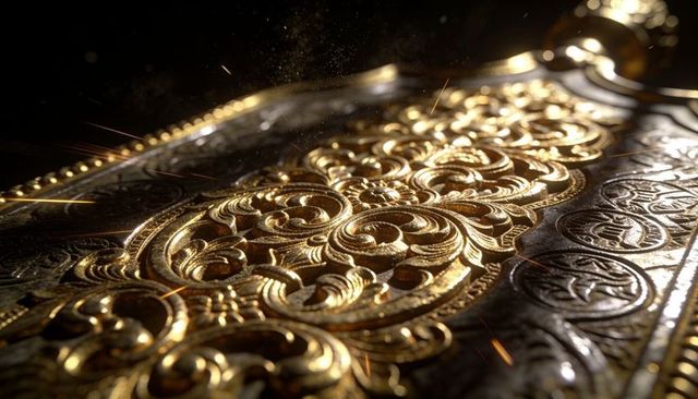 Shining gilded filigree closeup featuring ornate embossed gold cover with beaded border