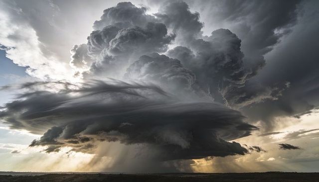 Layered Supercell Rotating Over Prairie Horizon with Dramatic Rain Shaft and Warm Sun Rays