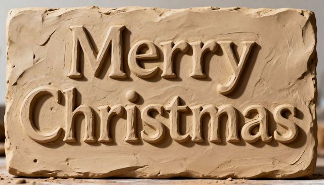 Hand-sculpted clay merry christmas plaque carved rustic holiday sign showing tool marks