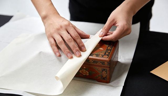 Hands wrapping ornate lacquered floral wooden box with tissue paper for gift