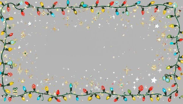 Festive string lights border with colorful bulbs and gold sparkles for holiday cards