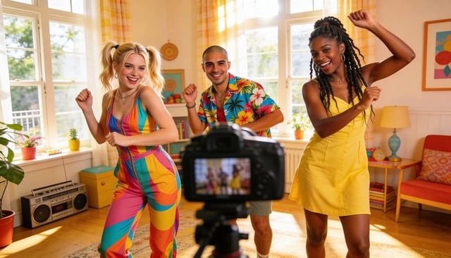 Dancing friends recording retro sunlit living room content with dslr tripod and boombox