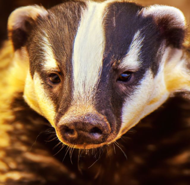 Close-up showing the detailed features of a European badger's face with black-and-white striped fur. Potential uses include wildlife conservation materials, educational resources, animal identification guides, or nature documentaries.