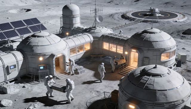 Lunar Base Crew Transporting Cargo Between Dome Habitats Under Solar Arrays