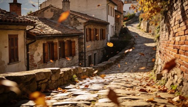 Sunlit Autumn Cobblestone Lane in Historic Hilltop Village with Falling Leaves