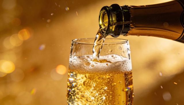 Pouring sparkling champagne into flute with golden bokeh and rising bubbles