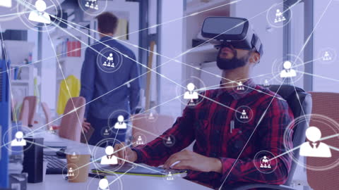 Businessman Using VR for Networking in Modern Office
