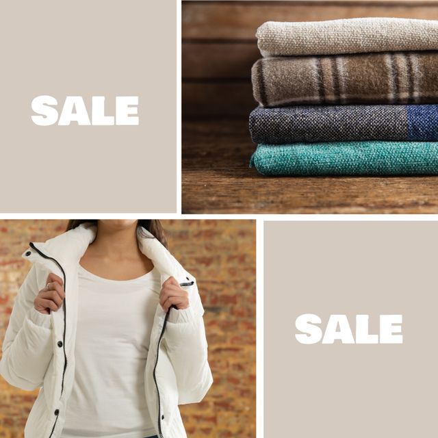 Composition of sale text with different scarfs and caucasian woman. Picture maker concept digitally generated image.