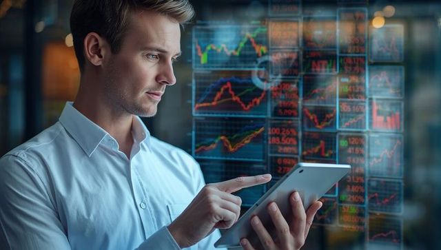 Business Analyst Examining Tablet with Digital Financial Charts in Office