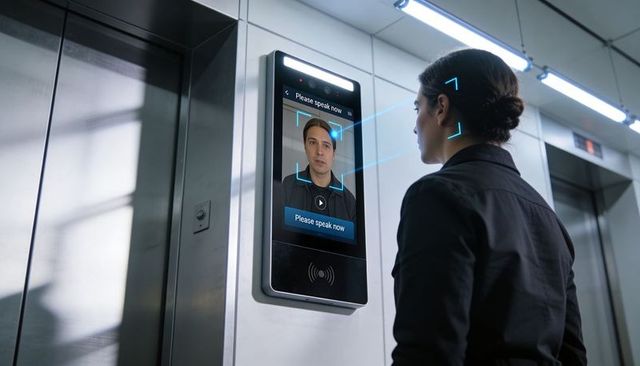 Businesswoman undergoing facial and voice authentication at elevator security terminal