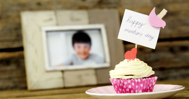 Mother's Day Cupcake with Heart Toppers and Framed Kid Photo - Download Free Stock Images Pikwizard.com