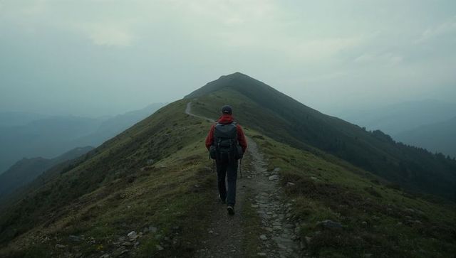Hiker walking along misty mountain ridge toward summit with backpack and trekking poles